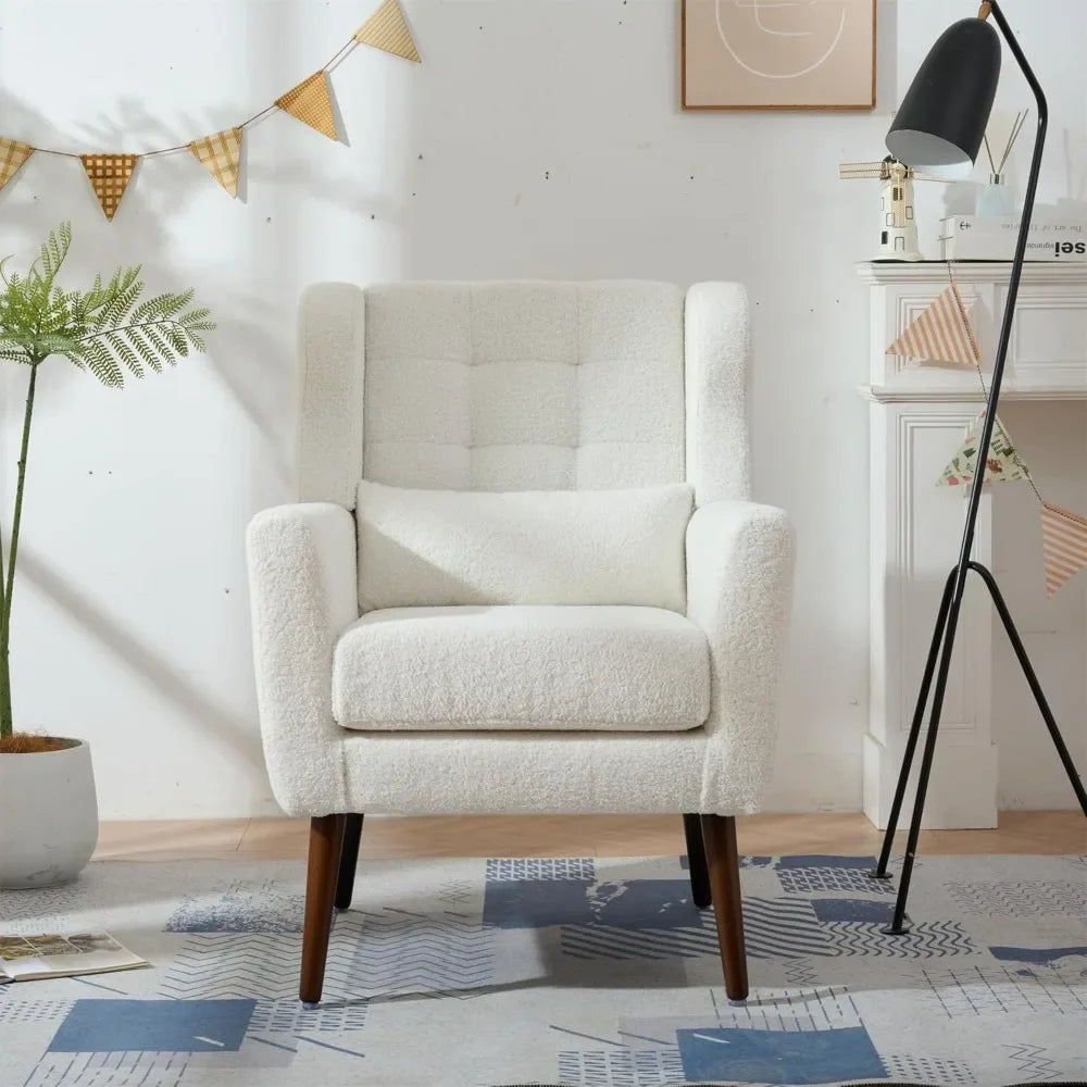 Comfy Upholstered Living Room Chairs with High Tufted Backrest and Pillow, Wingback Reading Chair with Solid Wood