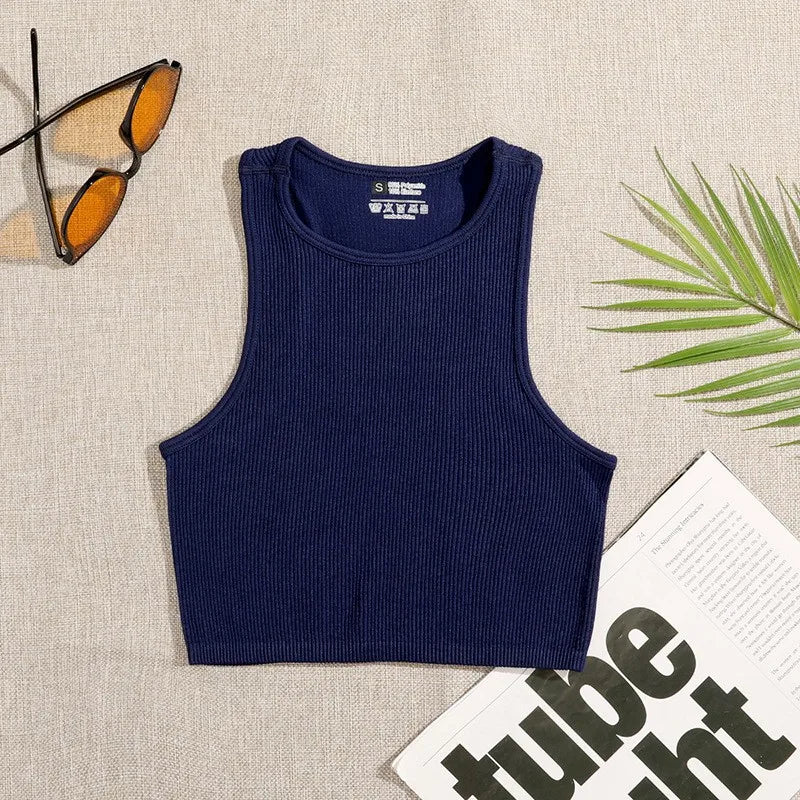 1pcs Solid Sleeveless Women Running Yoga Wear Clothing Slim Fit Quick Drying Ribbed Crop Tank Top