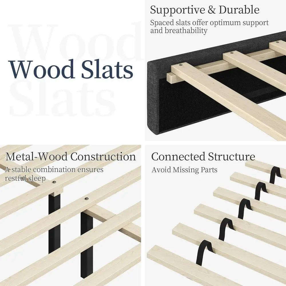 Modern Queen Upholstered Bed Frame with Adjustable Headboard, Button-Tufted, Dark Grey, No Box Spring Needed