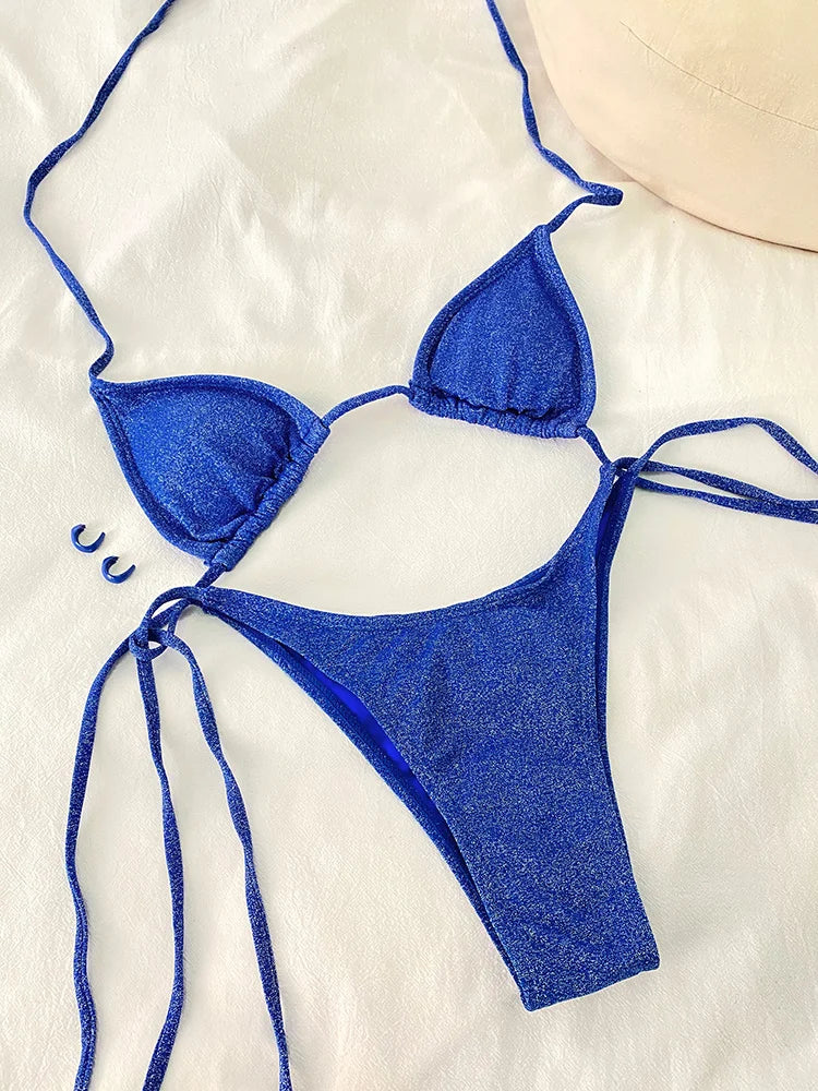 ZRTAK Shiny Swimsuit Sexy Swimwear Women Triangle Bikinis Solid Bathing Suit Thongs Bikinis Sets String Beachwear