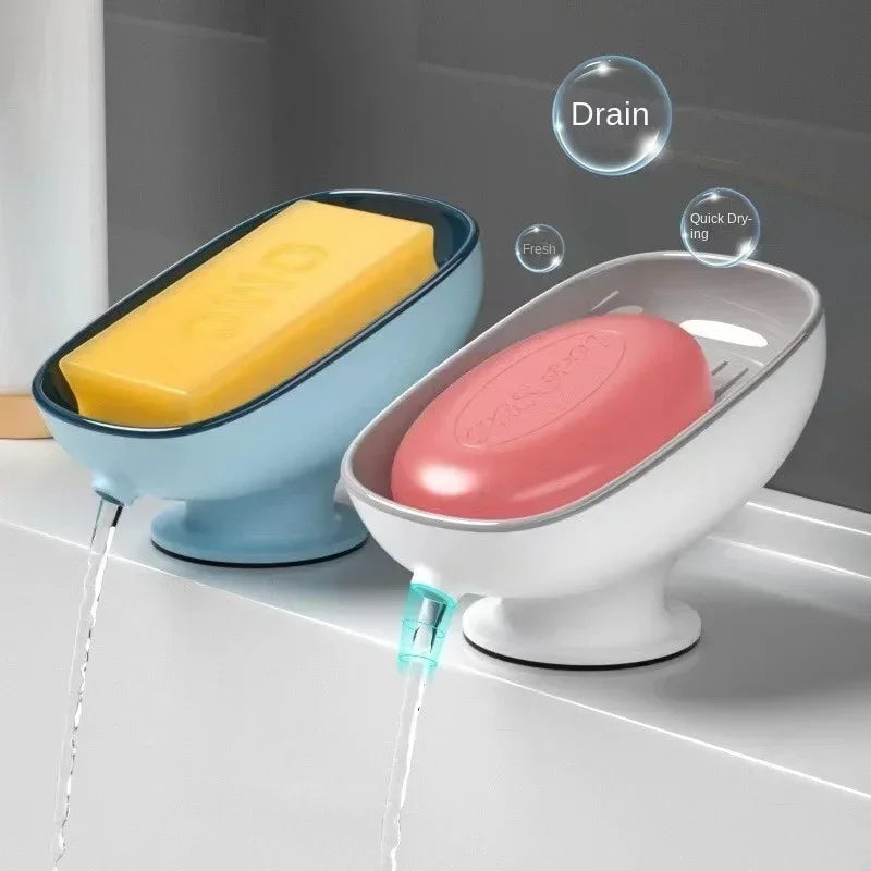 1pc Bathroom Washbasin Shelf Soap Box Household Non Perforated Double-layer Drain Suction Cup Non Slip Oval Soap Holder