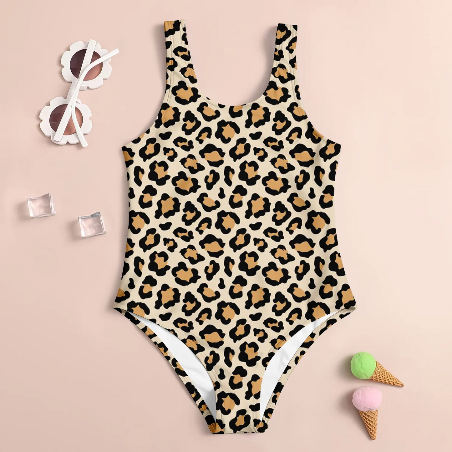 2025 Girls Summer One-Piece Swimwear Fashion Baby Cartoon Cute Leopard Print 3D Printed Women Swimwear Sling Sleeveless Swimwear