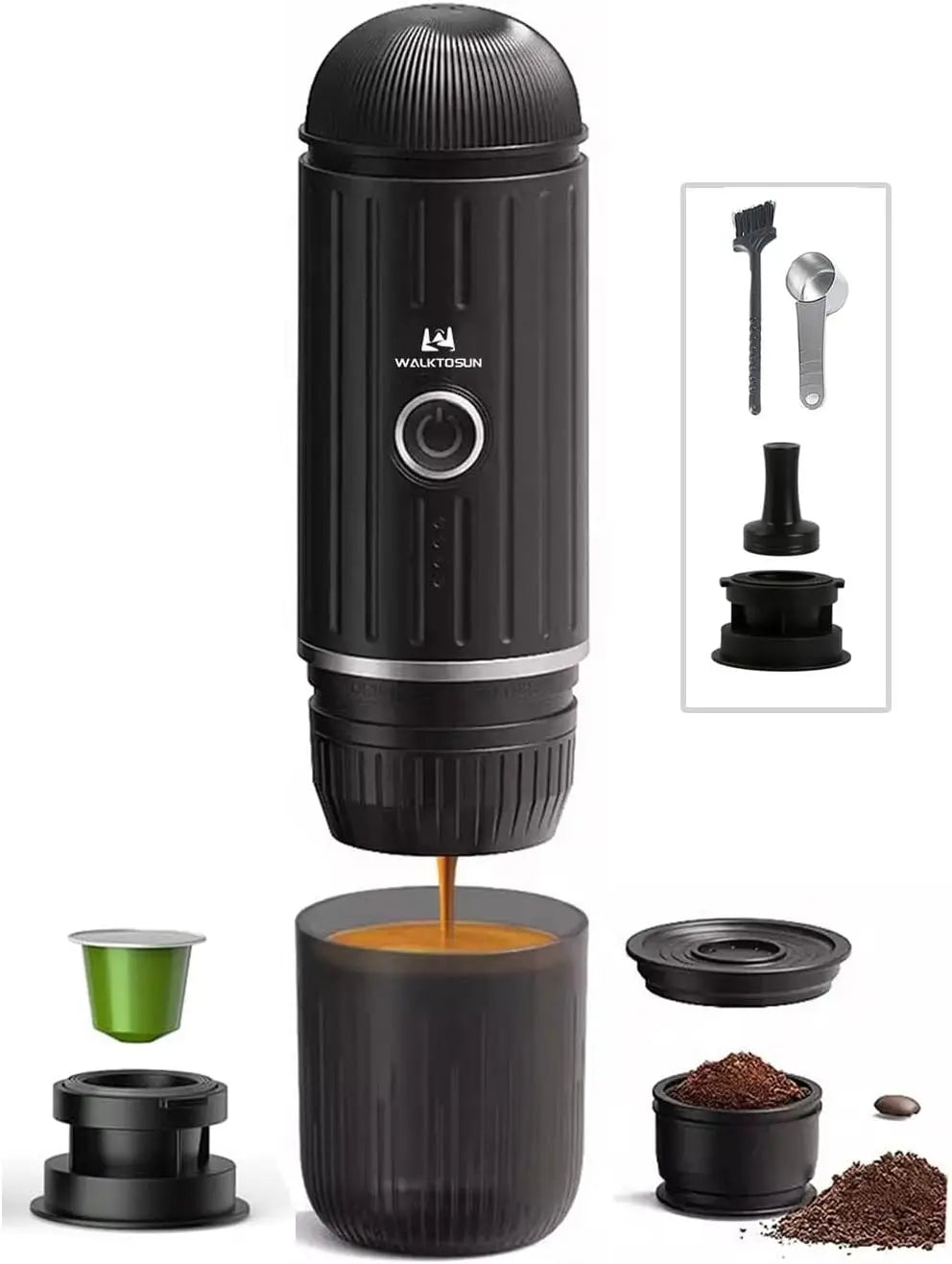 Portable Espresso Coffee Maker Electric Expresso Maker Self Heating Battery Powered, 19 Bar Pressure, Coffee Machine with Ground