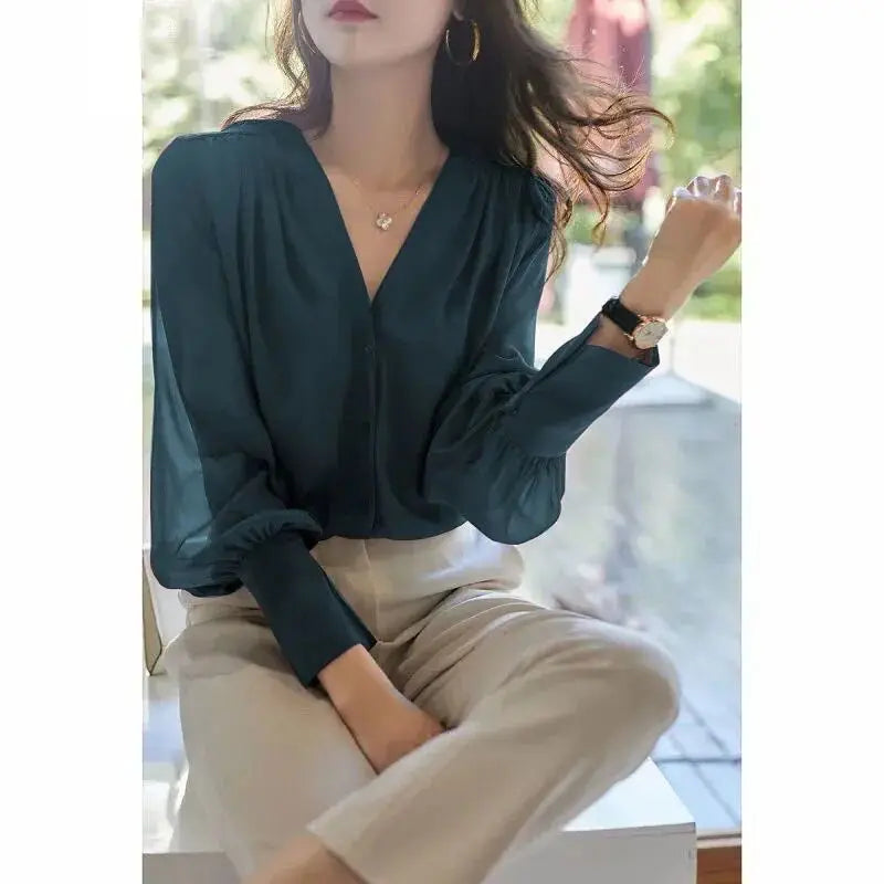 Women's Clothing Chiffon Blouse Spring Fall V-Neck Long Sleeve Slim Fit Retro Minimalist Elegant Feminine Office Chic Solid