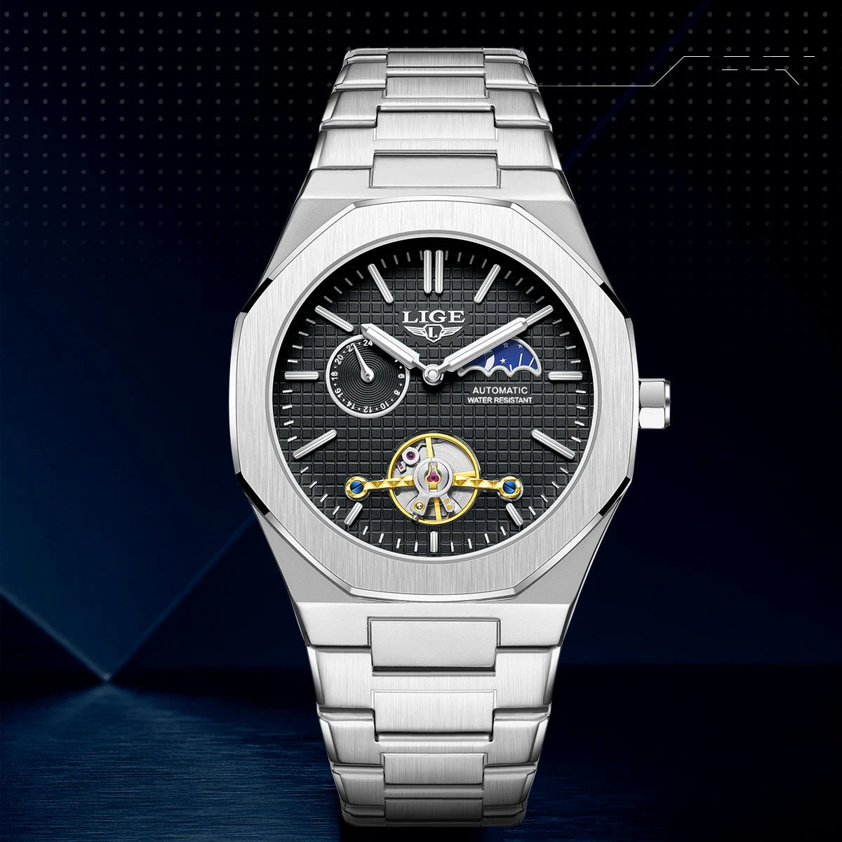 LIGE New Automatic Watches For Men Outdoor Sports Waterproof 24 Hours Moon Phase Watch Men Luxury Men's Mechanical Wristwatch