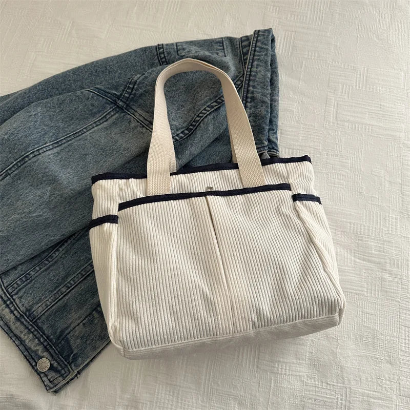 Large Capacity Tote Bags for Women Vintage Corduroy Shoulder Ladies Underarm Bag Casual Shopping Female Handbag with Side Pocket
