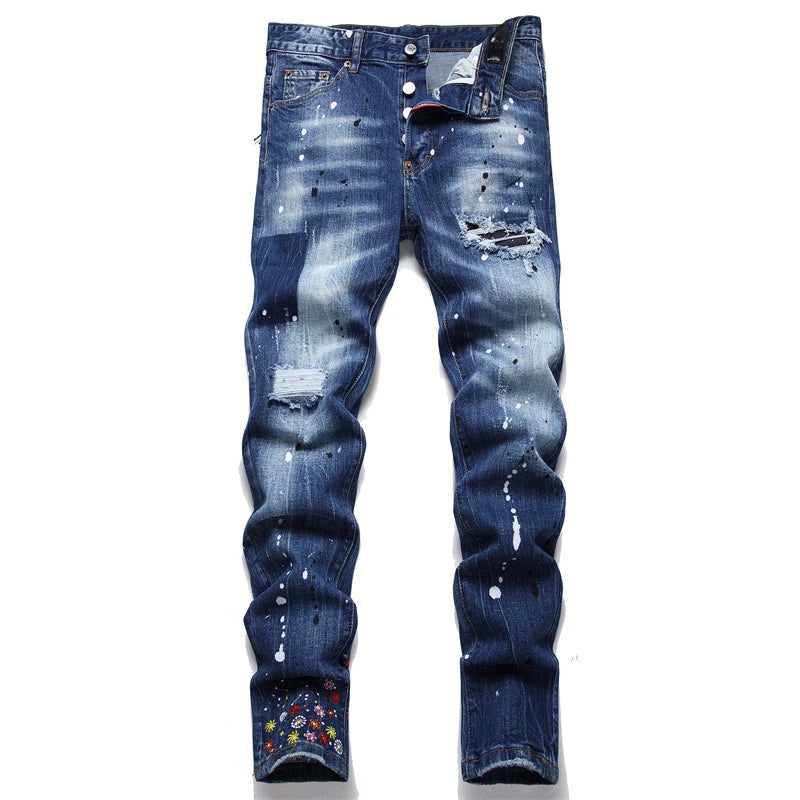 Streetwear Style Italian Men Blue Holes Denim Jeans Trousers Ripped Denim Long Pants High Quality Male Slim Denim Jeans Size 42