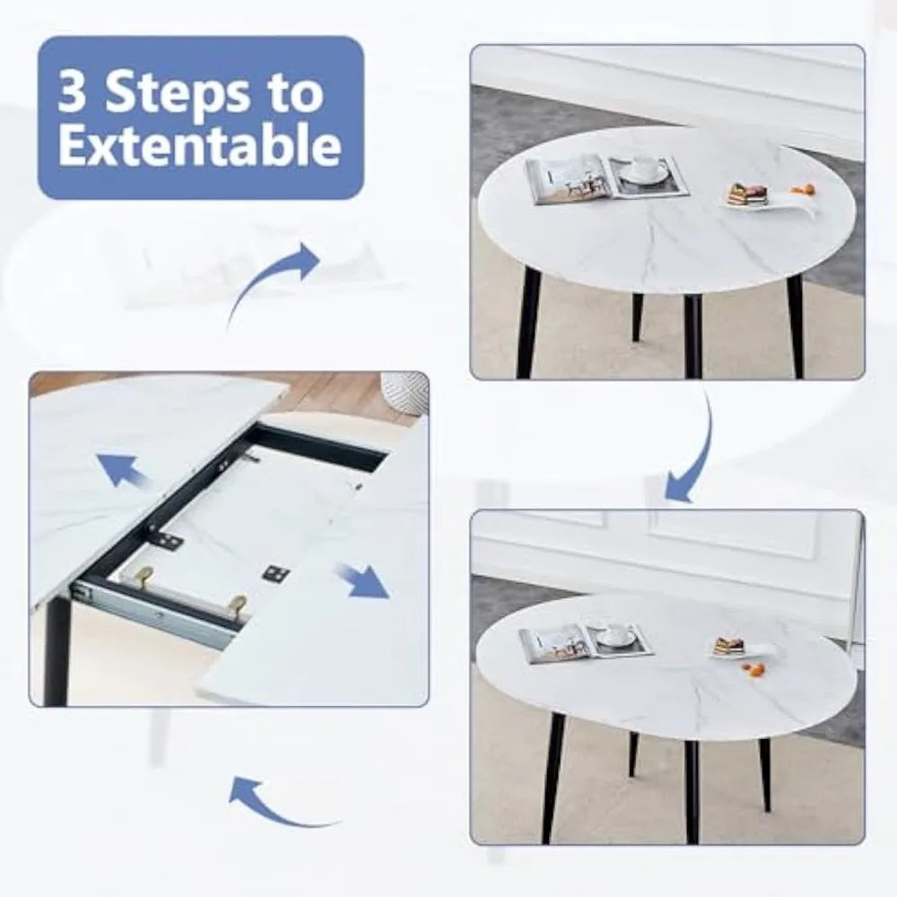 "Round Extendable Dining Table Set for 6 with Upholstered Chairs in White Kitchen Style"