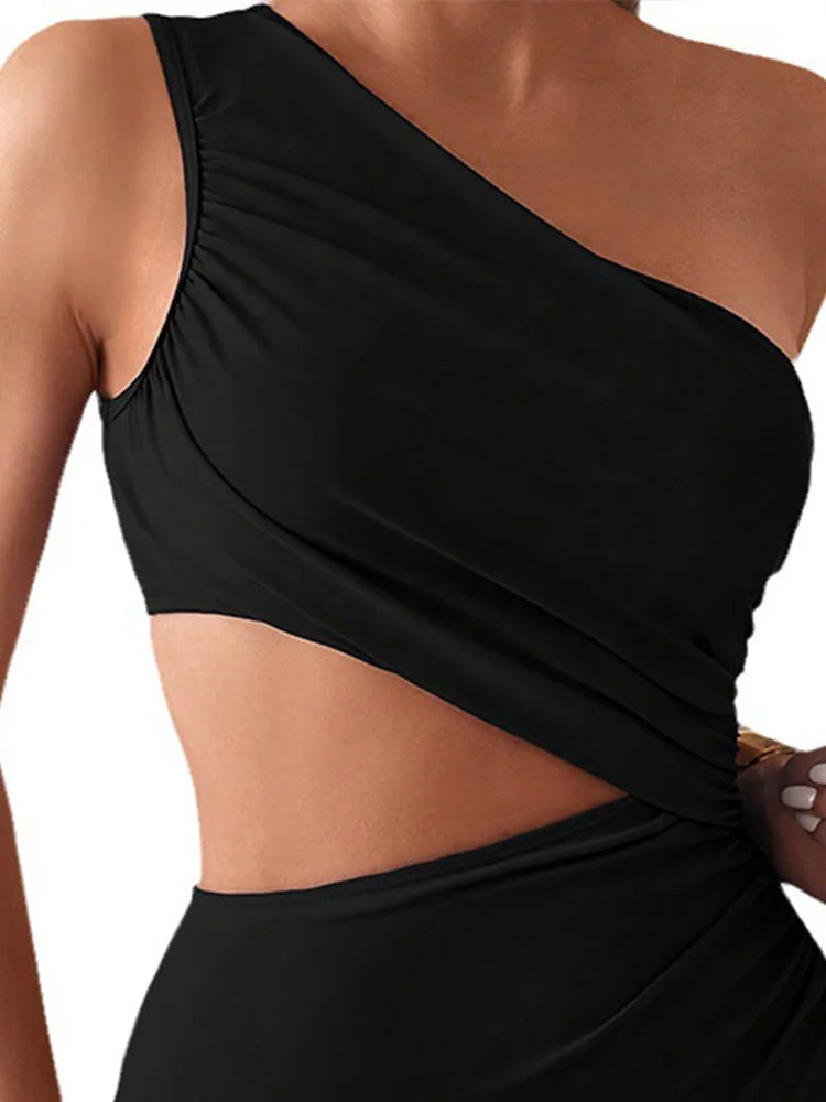 Sexy Solid One Shoulder Bikinis 2 Piece Set Women Split Swimsuit High Waist Beach Bikinis 2025 New Summer Swimwear Bikinis Set
