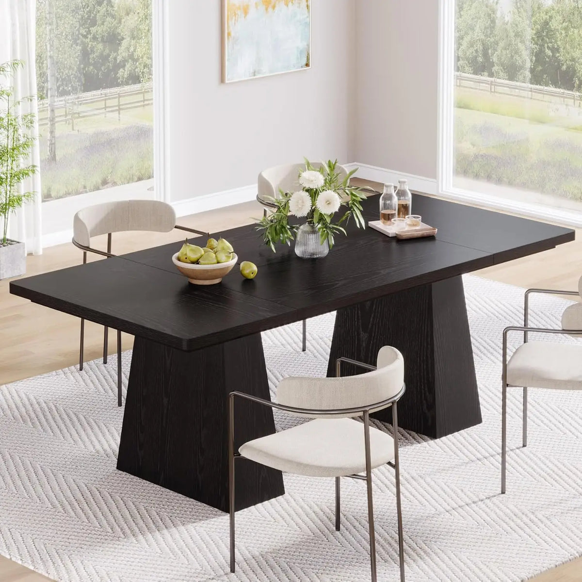 LITTLE TREE Dining Table for 6,Farmhouse Wood Dinner Rectangular Table with Double Pedestal, 63" L x 31.5" W x 30" H