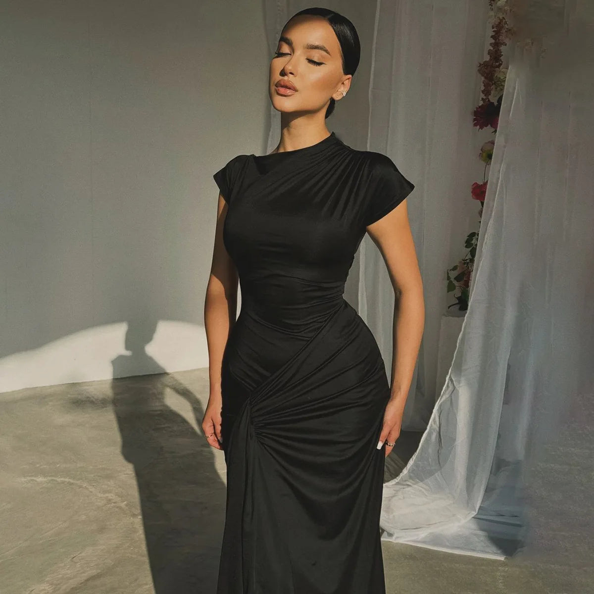 European and American Women's Clothing 2025 Summer New Fashion Elegant Slim Pleated Tie-waist Short-sleeved Dress