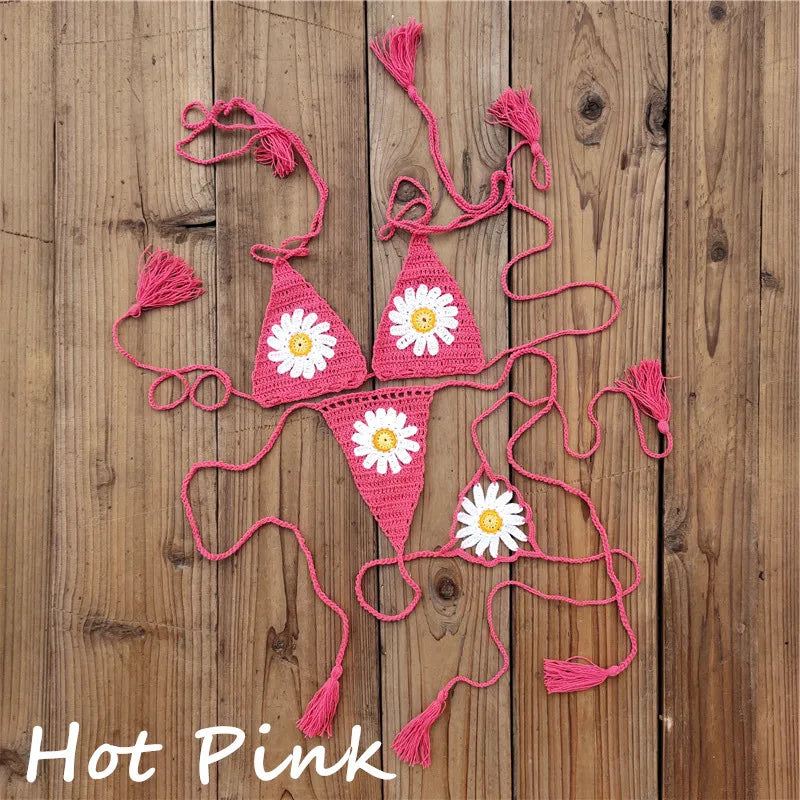 Hand crochet Cottom Thong String Daisy Applique Mini Bikini Swimwear Sunbathing Micro Swimwear