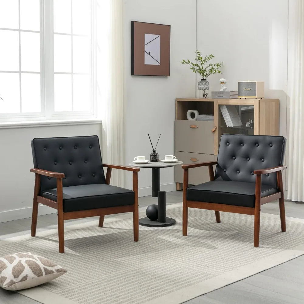 Mid Century Modern Chair, PU Leather Accent Chair Set of 2 with Wood Arms, Living Room Chairs, Reading Armchair for Bedroom, Wa