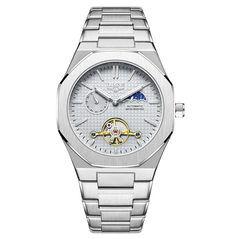 LIGE New Automatic Watches For Men Outdoor Sports Waterproof 24 Hours Moon Phase Watch Men Luxury Men's Mechanical Wristwatch