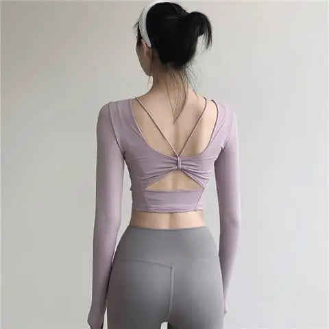 Yoga wear with chest pads long-sleeved T-shirt women's design beautiful back cutout short top