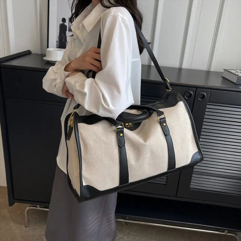 Women Travel Storage Handbag Vintage Fitness Luggage Bag Single Shoulder Crossbody Bag Large Capacity Nylon PU Leather Bag