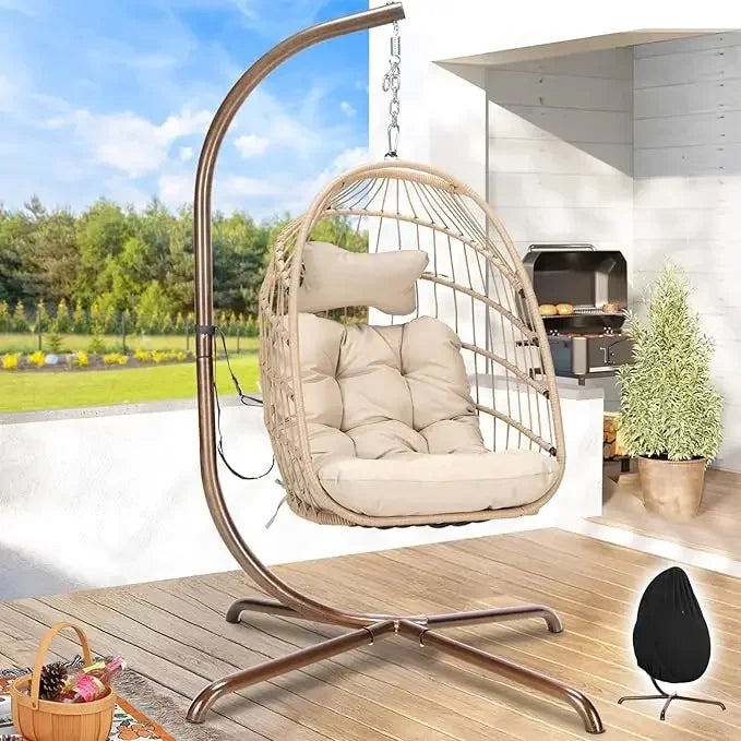 Rattan Wicker Hanging Egg Chair with Stand for Patio Swing Chair with Cushion And Pillow for Indoor Outdoor Use
