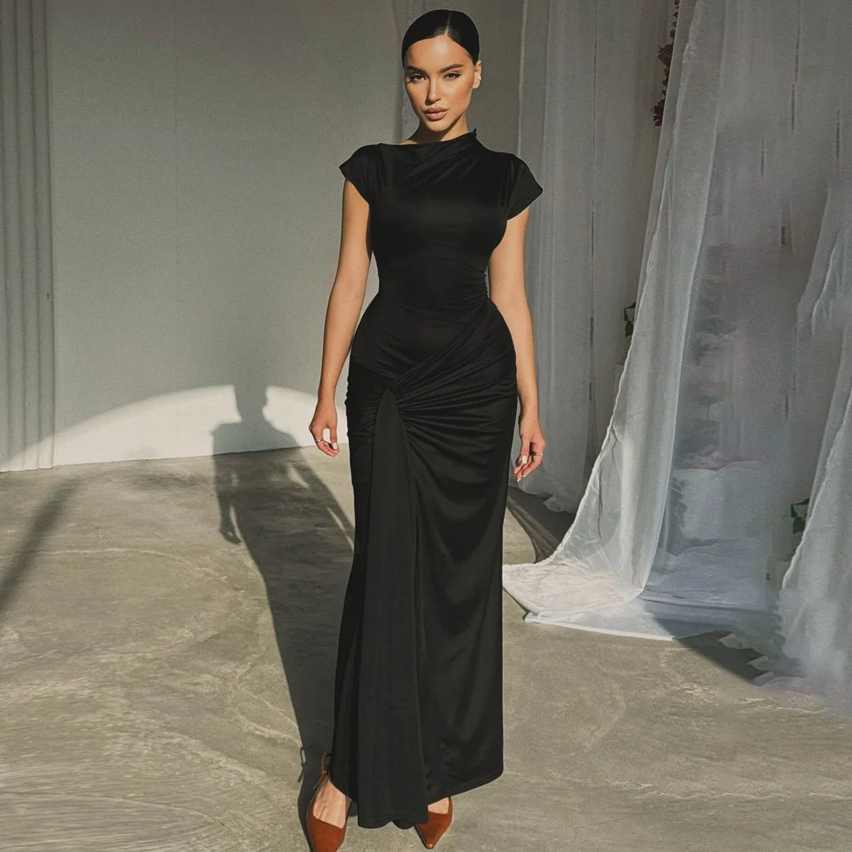 European and American Women's Clothing 2025 Summer New Fashion Elegant Slim Pleated Tie-waist Short-sleeved Dress