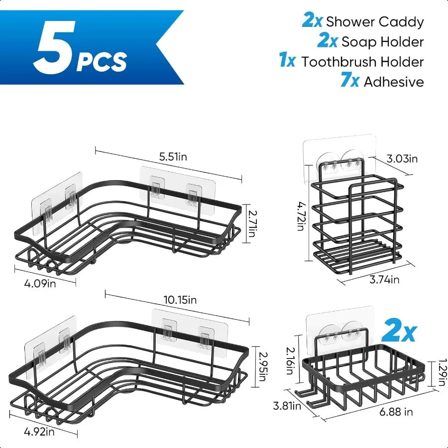 Black Corner Adhesive Shower Caddy Rustproof Stainless Steel Corner Shower Shelves for Bathroom Kitchen No Drilling Wall Mounte