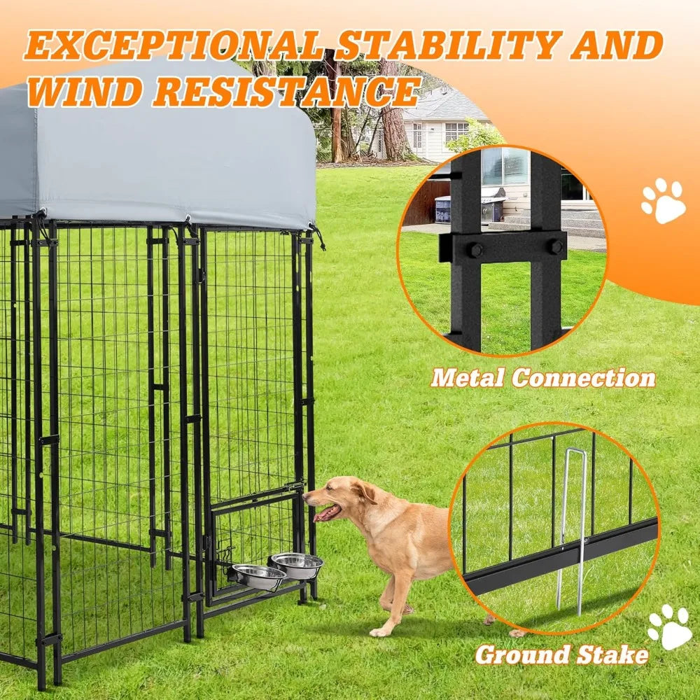 Heavy Duty Large Dog Kennel Playpen - 8x4x6 Ft Welded Wire Steel Dog Run Enclosure Crate Cage with UV-Resistant Roof