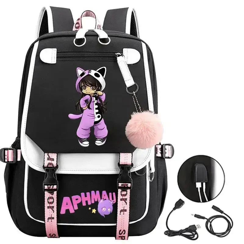 Aphmau print backpacks fashion USB charging school bags for teenage girls laptop bag cartoon bookbag students rucksack