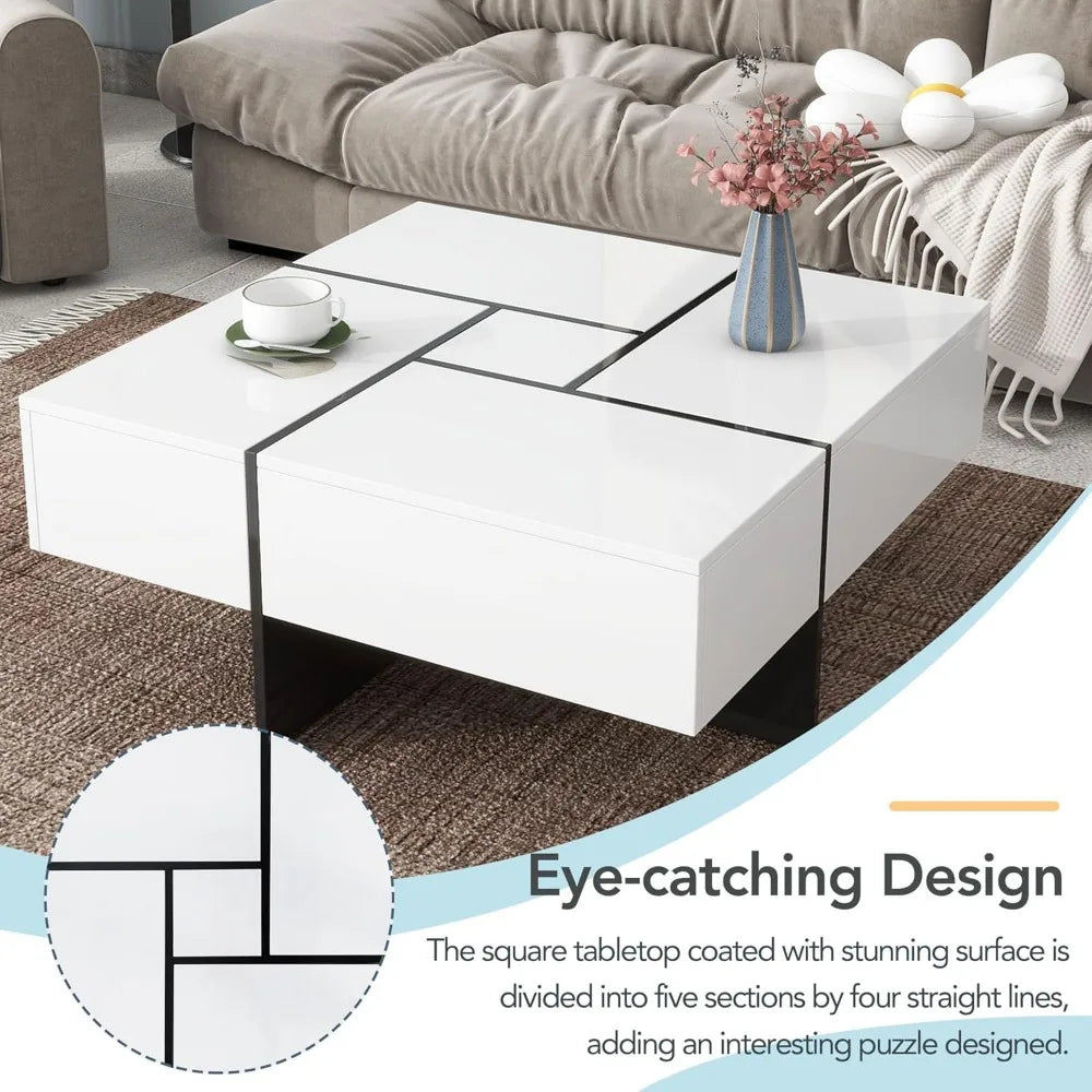 Coffee Table, Modern Extendable Coffee Table with 4 Hidden Storage Compartments, UV High-Gloss Square Center Cocktail Table wit