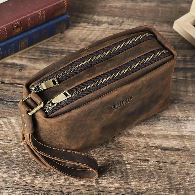 CONTACT'S Genuine Leather Men Clutch Bags Wrist Strap Crazy Horse Leather Handbag Men's Bag Phone Pocket Male Clutches Wallets
