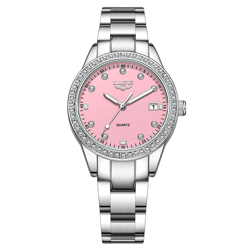 LIGE Top Brand Luxury Quartz Watches for Woman Retro Fashion Simple Elegant Calendar Casual Waterproof Diamond Women Wristwatch
