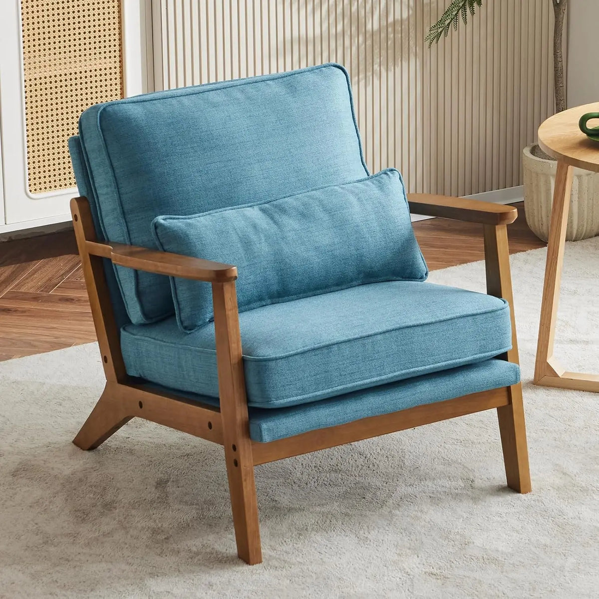 Accent Chair Wide Armrest Mid-Century Lounge Chair Teddy Fleece Armchair with Lumbar Pillow & Solid Wood Frame for Liv