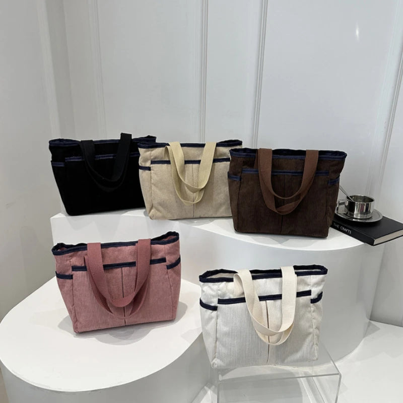Large Capacity Tote Bags for Women Vintage Corduroy Shoulder Ladies Underarm Bag Casual Shopping Female Handbag with Side Pocket