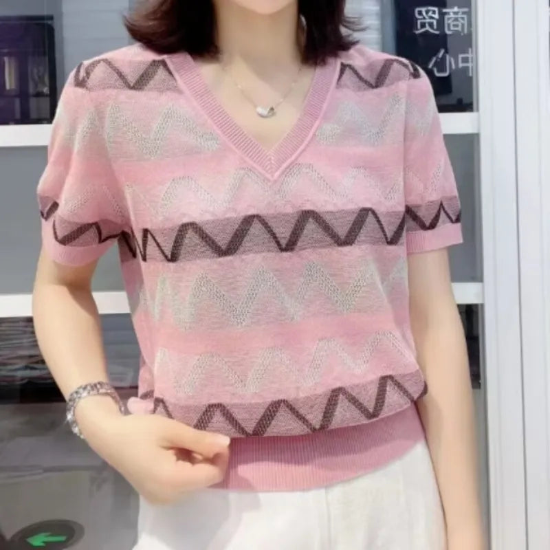 Women Clothing 2025 New Summer Fashion V Neck Short Sleeve Striped Basic Knitted T Shirt Ladies Elegant Chic Loose Pullover Tops