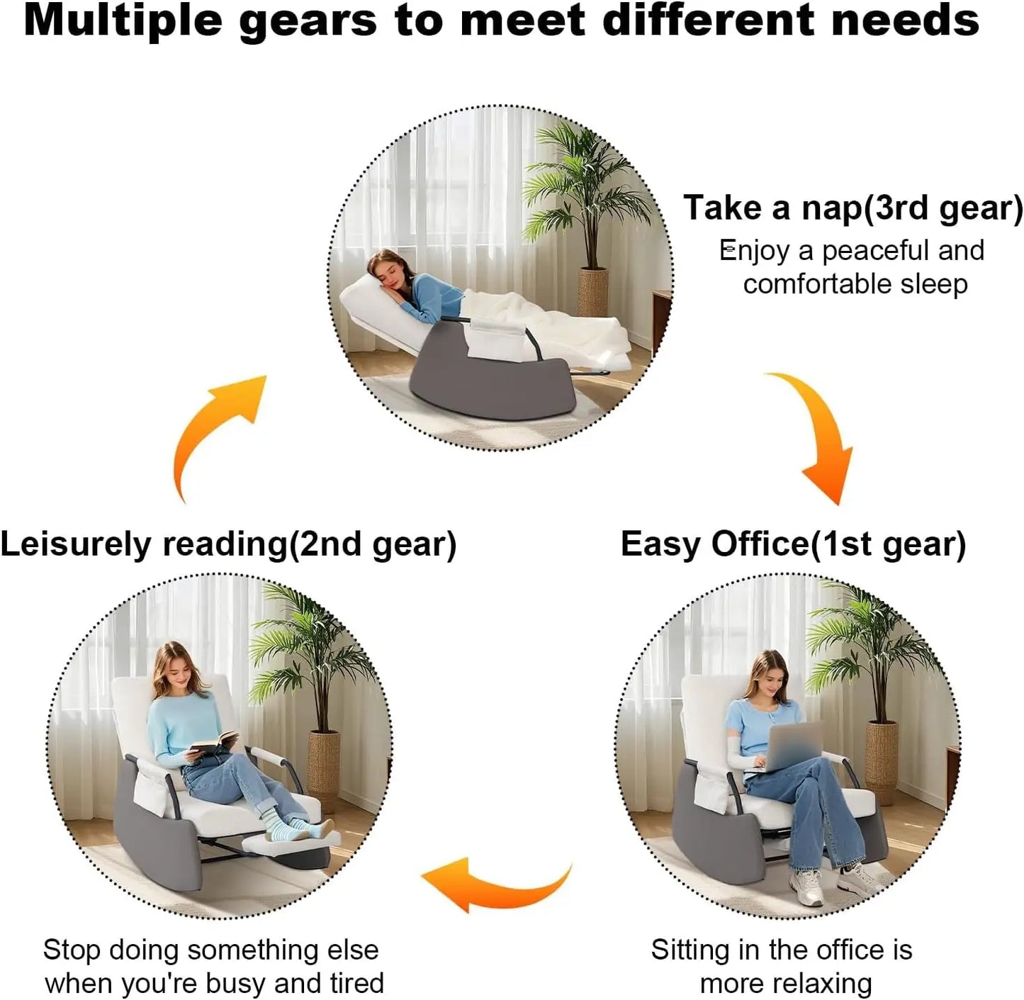 Rocking Recliner Chair Modern Sofa Chairs Upholstered Plush Seating Glider Recliner Chair with Side Pocket 3 Levels Adjustment