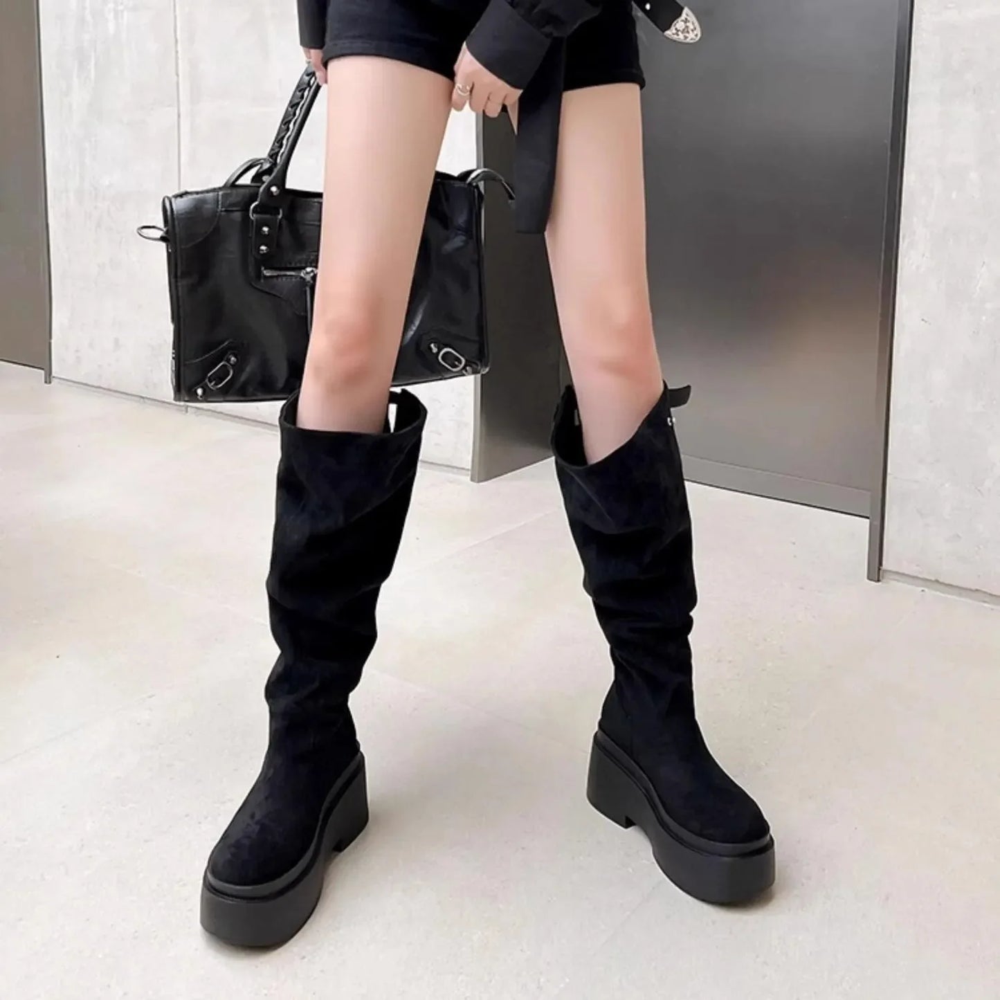 Women's Fashion Thick Heels Knee High Boots Khaki Flock Slip on Western Boots Woman Spring Autumn Soft Leather Short Botas Mujer