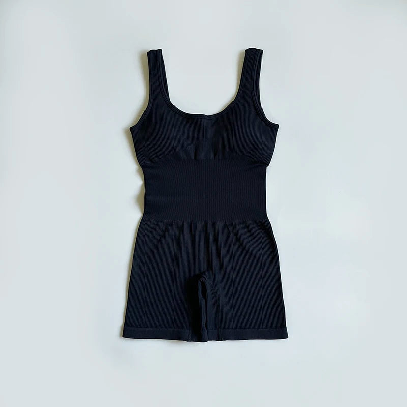 Seamless Women Yoga Suits Workout Ribbed Square Neck Sleeveless One-piece Yoga sets Fitness With Shorts Bodysuit Sportswear