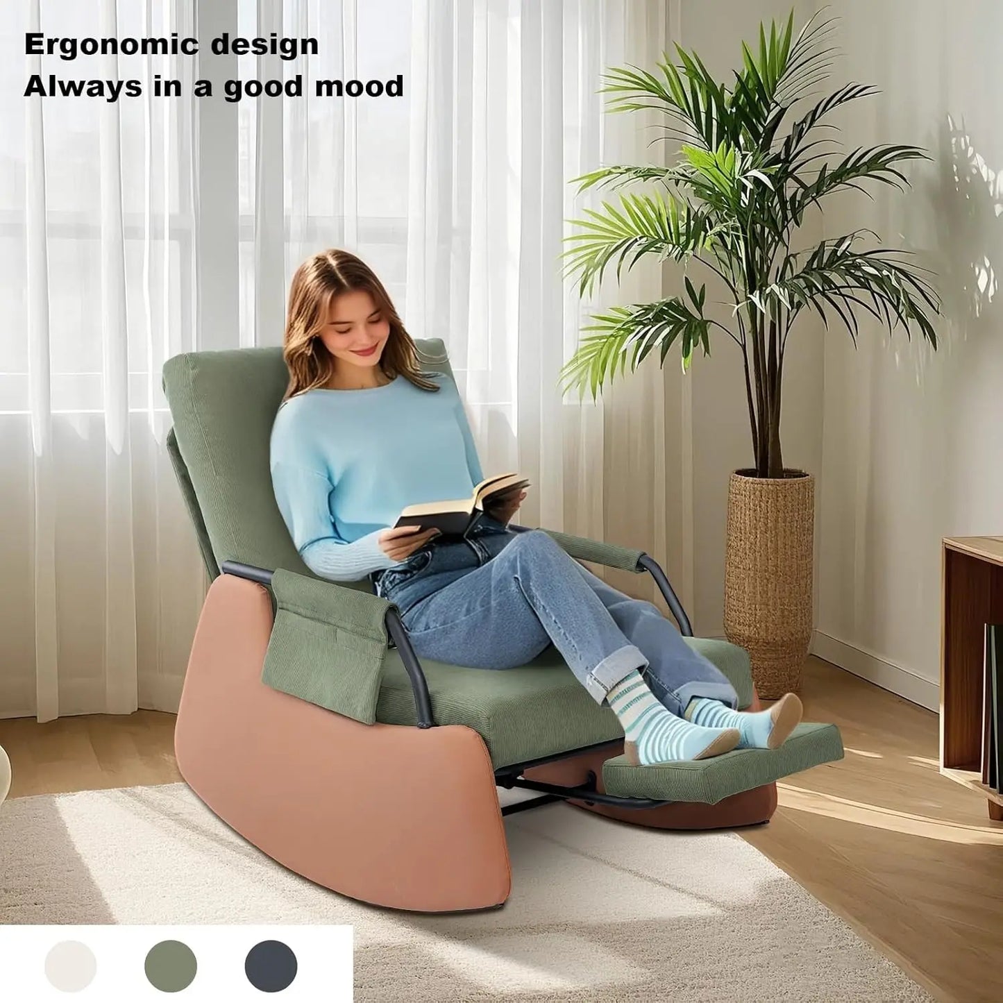 Upholstered Nursery Rocking Chair with High Backrest Side Pocket Gliding Iron Frame Rocking Chair with Footrest for Living Room