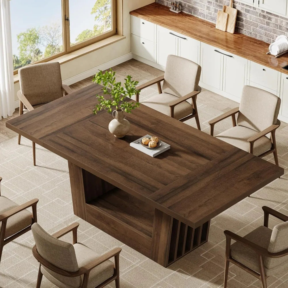 Farmhouse Style Rectangular Dining Table Seats 4-6, Heavy Duty Base, Wooden Kitchen Dinner Furniture for Casual Dining