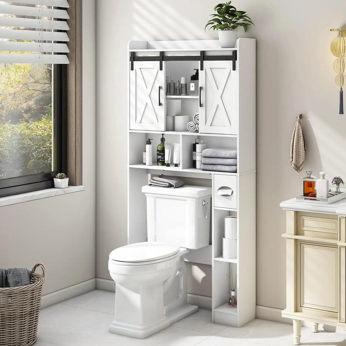 Over The Toilet Storage Cabinet Iron Sliding Door Toilet Storage Rack Home Space Save Toilet Rack for Restroom Bathroom Laundry