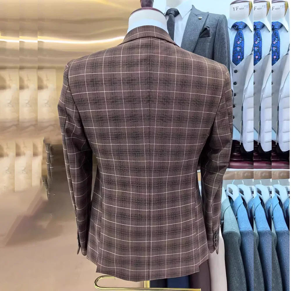 Elegant Full Men Suits Luxury 3 Piece Jacket Pants Vest Blazer Back Vent One Button Peak Lapel Male Clothing Chic Costume Homme
