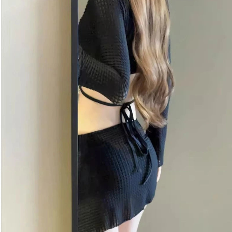Women 4 Piece Swimsuits Triangle O Rings Bikinis Sets Bathing Suit with Cover Up Beach Wrap Skirt and Long Sleeve Crop Tops