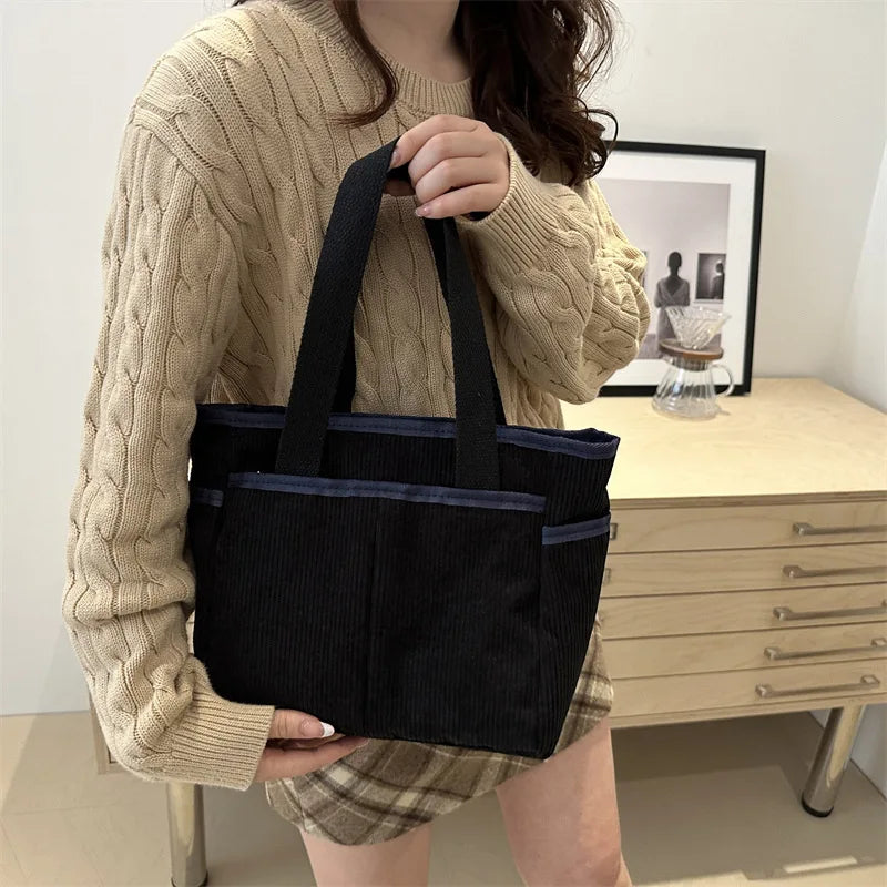 Large Capacity Tote Bags for Women Vintage Corduroy Shoulder Ladies Underarm Bag Casual Shopping Female Handbag with Side Pocket