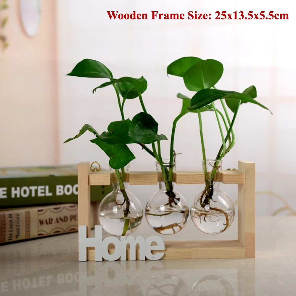 Creative Wooden Frame Hydroponic Flower Small Vase Plant Glass Bottle Container for Home Living Room Office Decoration