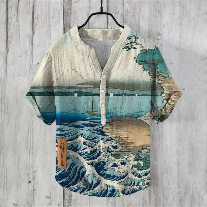 Men Clothes Fashion Summer Men's Clothing Casul T-Shirts Short Sleeve Henry T-Shirt Print Short Seleves Tops Men's Clothing