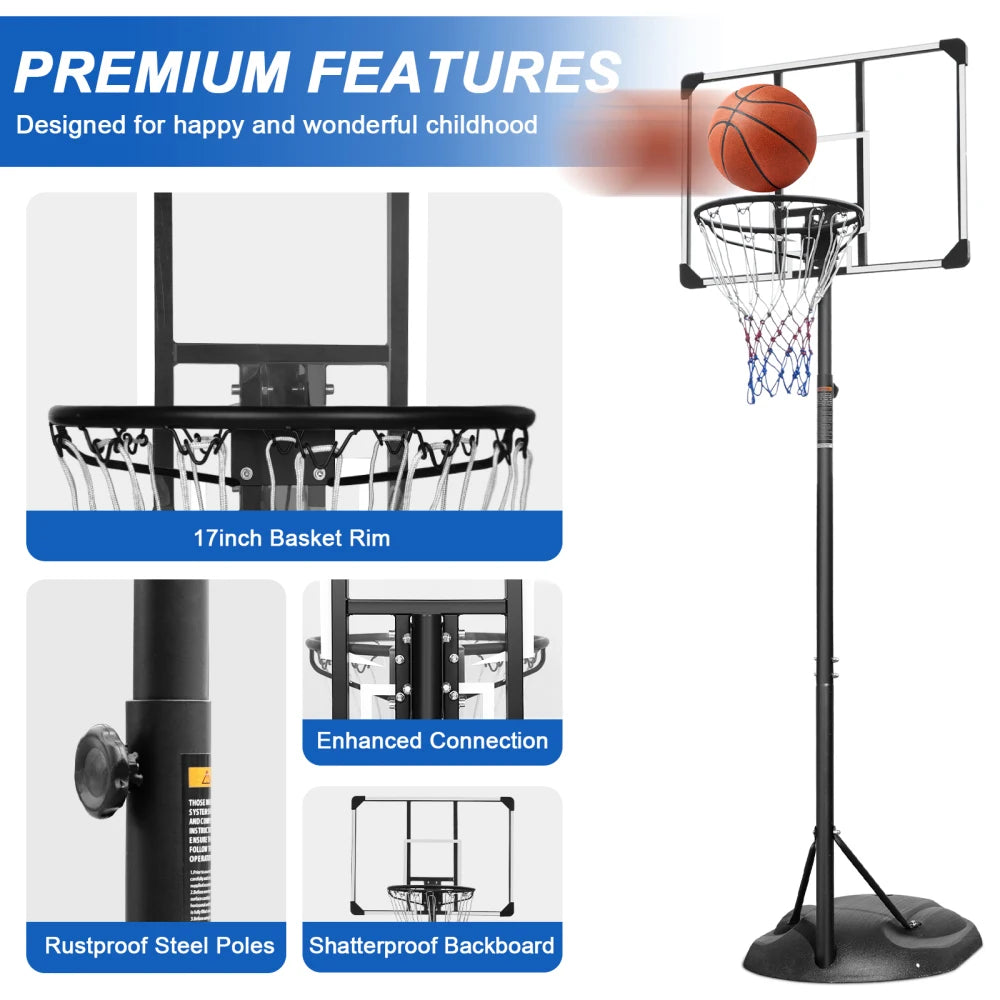 Portable Basketball Hoop System Stand Height Adjustable 7.5ft - 9.2ft 32 Inch Backboard Wheels for Youth Adults Indoor Outdoor
