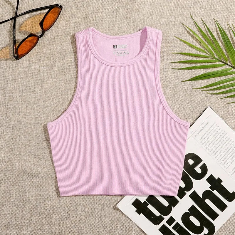 1pcs Solid Sleeveless Women Running Yoga Wear Clothing Slim Fit Quick Drying Ribbed Crop Tank Top
