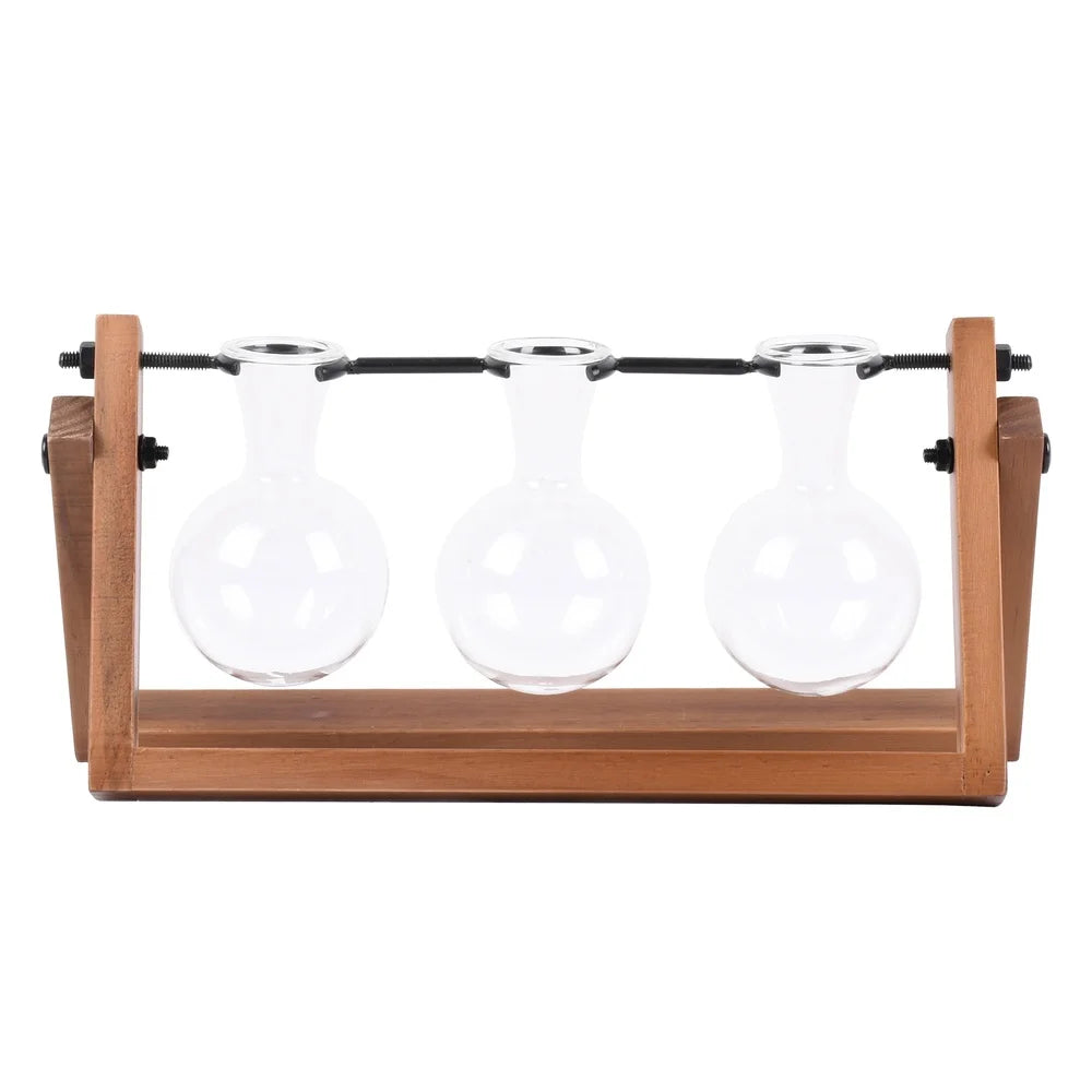 Glass Wood Propagation Station Set with 3 Bulb-Shaped Vases Stylish Indoor Plant Display Stand Cuttings and Flowers
