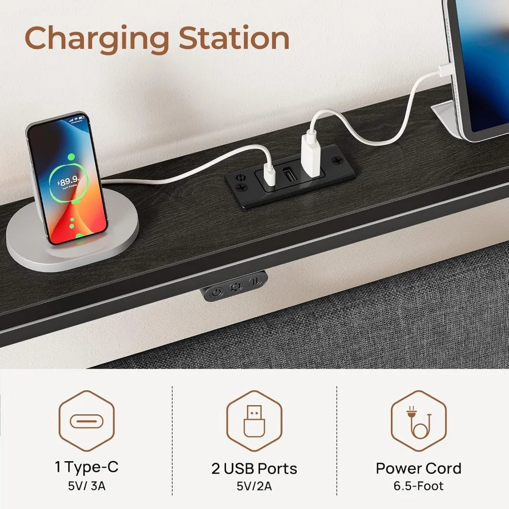 Upholstered Twin Size Bed Frame with Ergonomic Headboard Storage, LED Light, and Charging Station