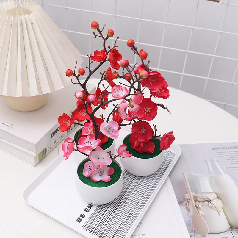 Simulation Plum Flower Pot Plant Artificial Plastic Fake Flowers Home Office Desktop Ornaments Wedding Party Background Decor