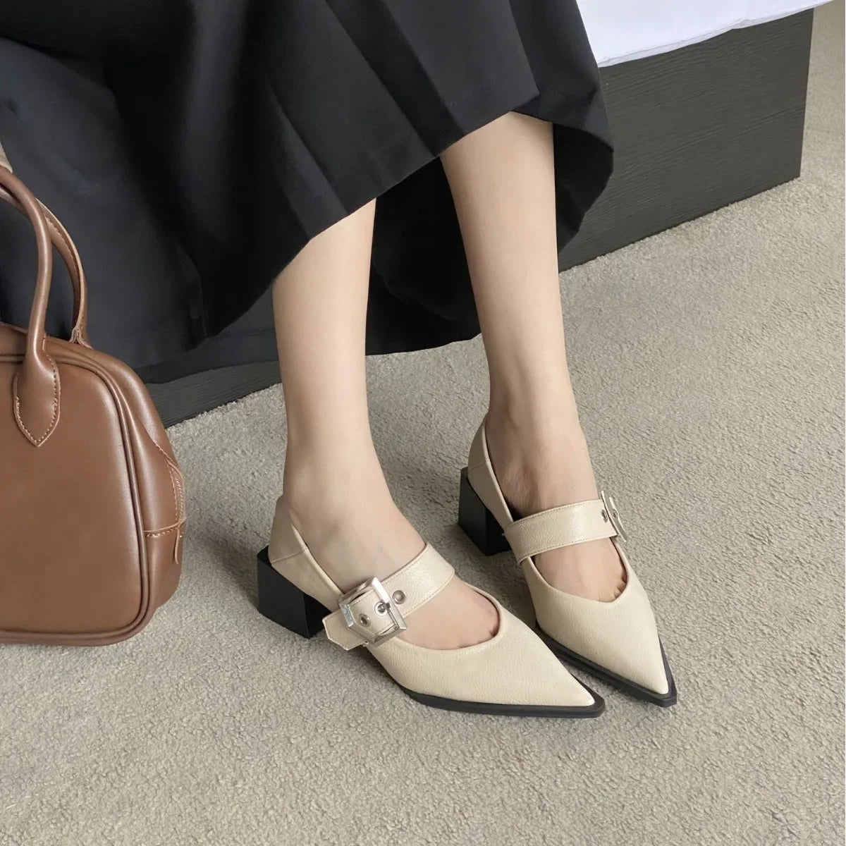 Female New 2024 Footwear Heels Women Pumps Shallow Shoes Pointed Toe Fashion Metal Buckle Strap Ladies Thick Heels Shoes