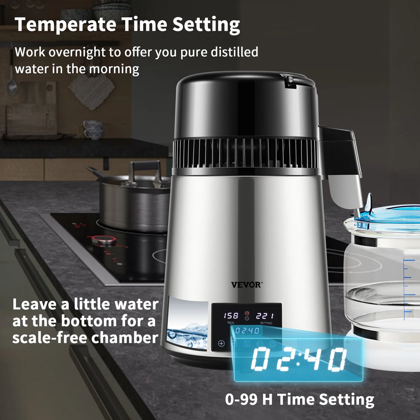 SucceBuy1.5L/HDistilling Speed 4L Water Distiller Treatmen Purifier Filter Touch Screen Time Setting 304Stainless Home Appliance