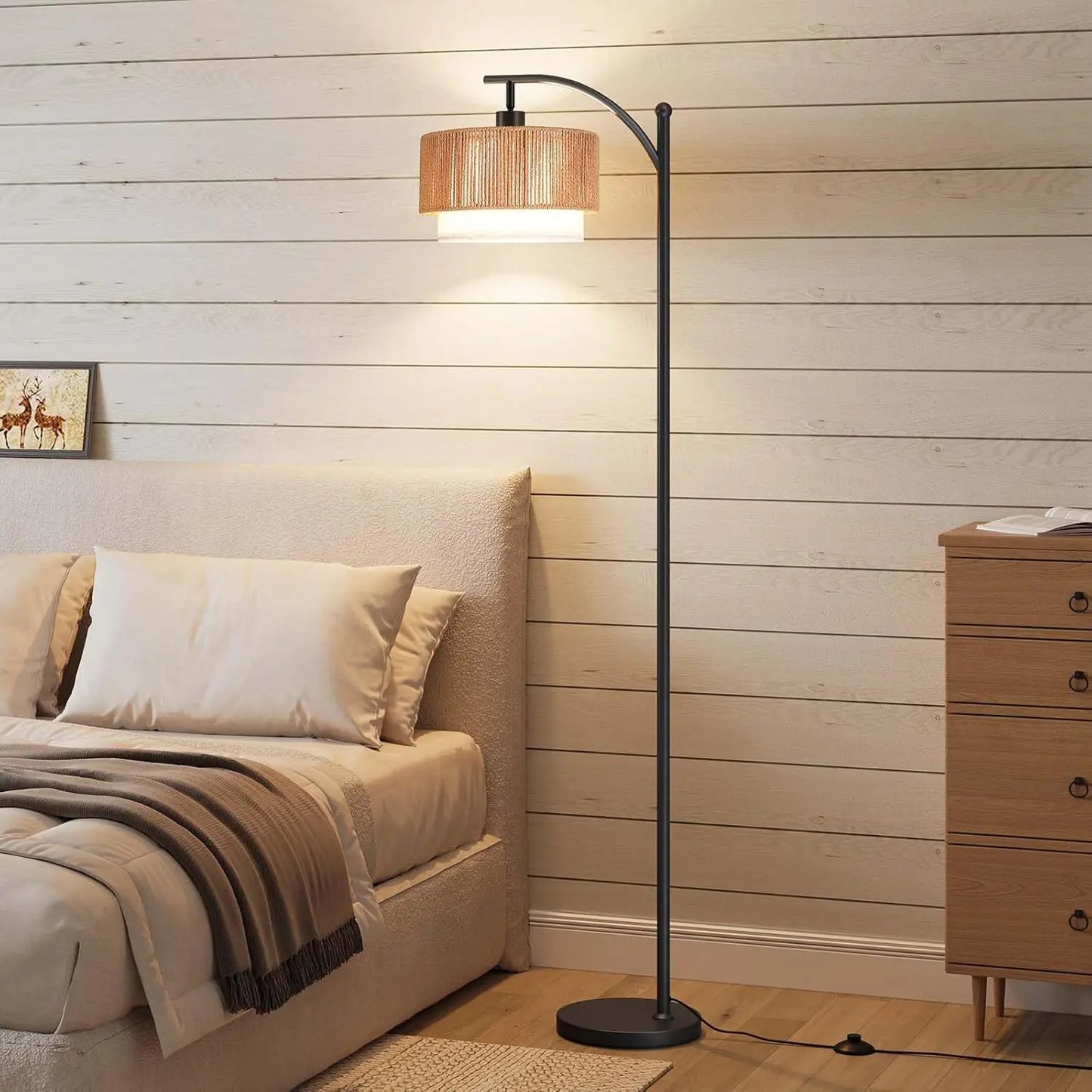 Arc Floor Lamp with 12W LED, 3 Color Temperatures, Adjustable Rattan & Fabric Shades, Boho Living Room Lamp